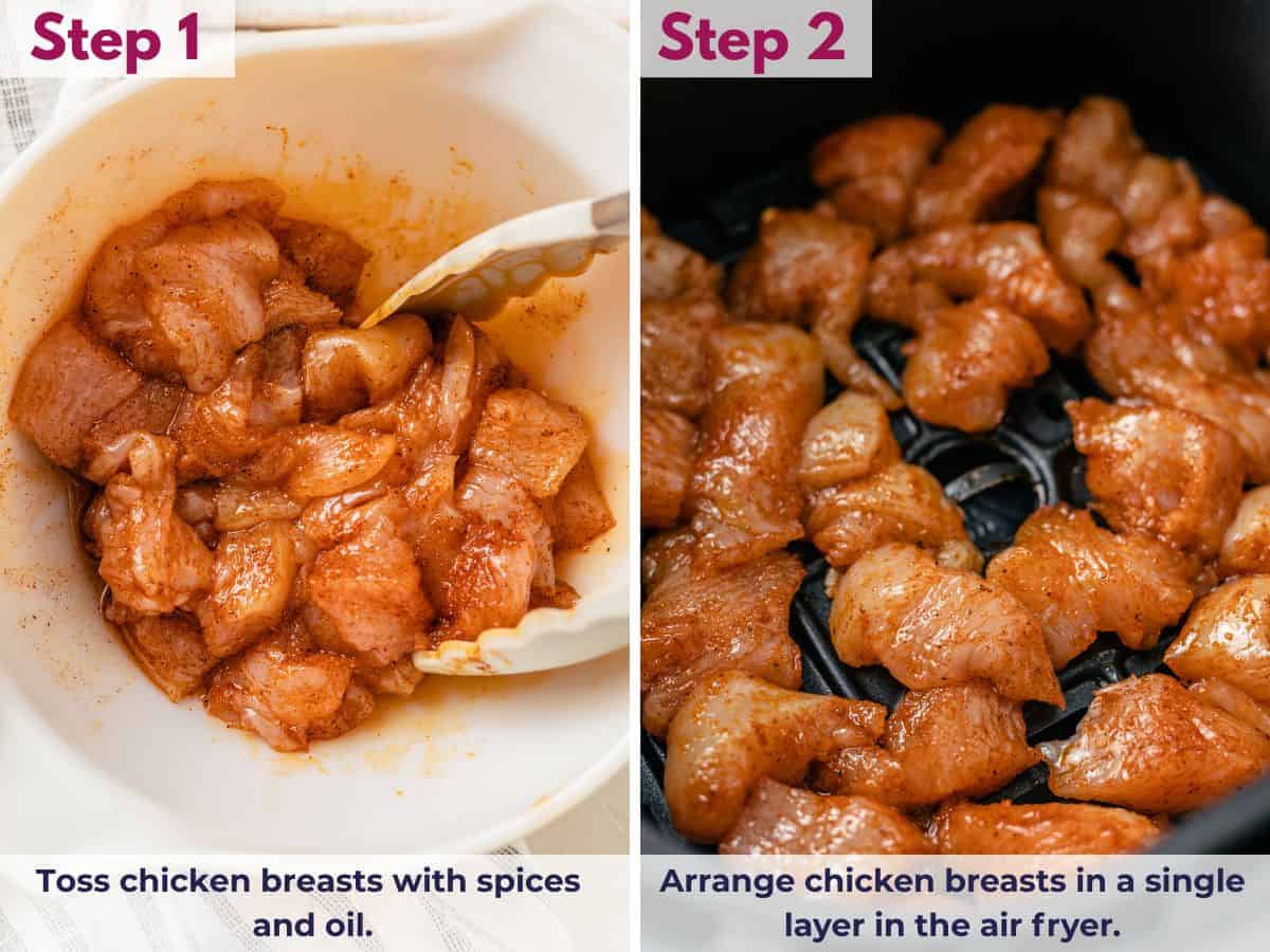 chicken breasts coated with spices and oil in a bowl; chicken breasts arranged in a single layer in the air fryer