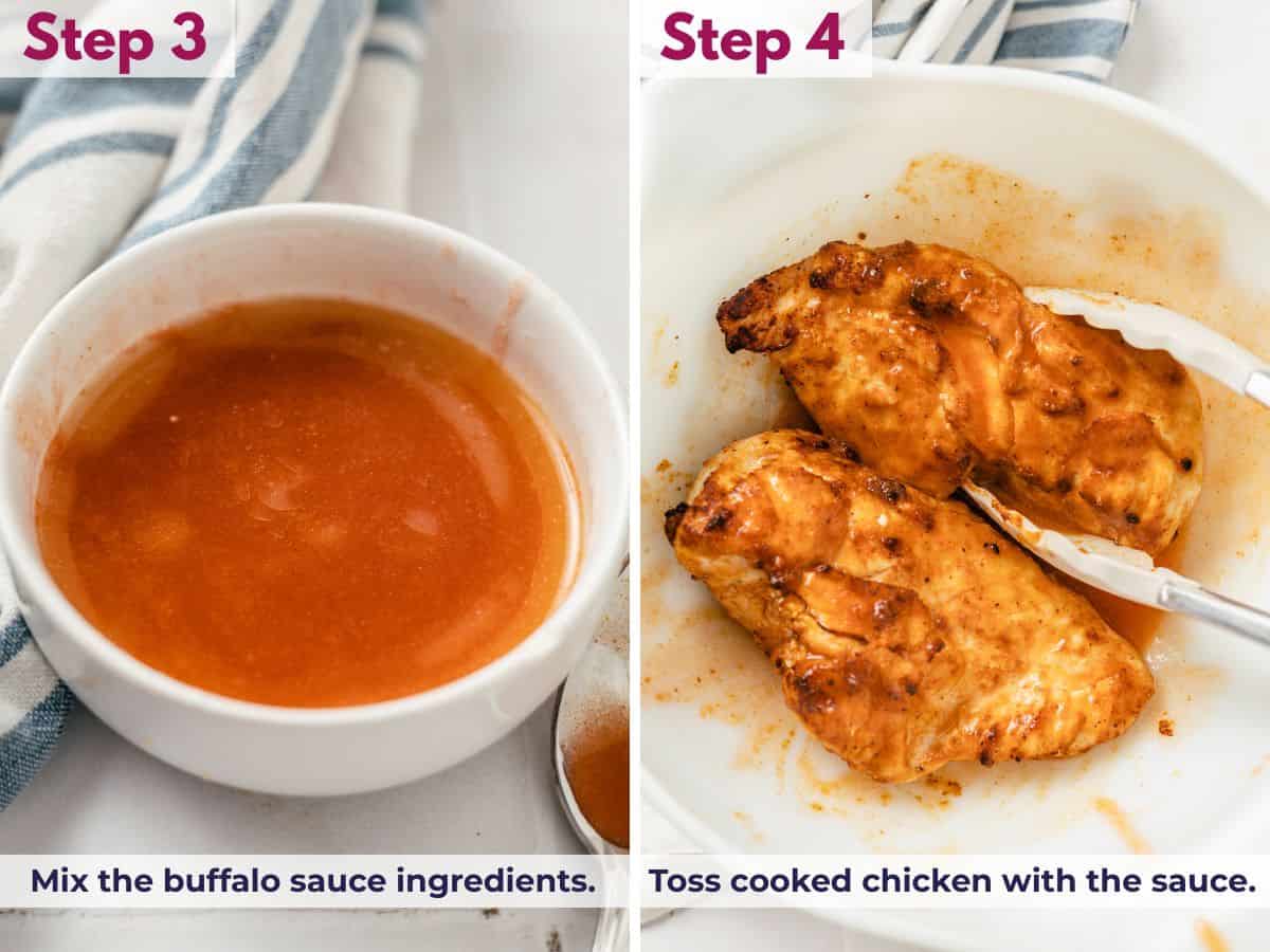 mixed buffalo sauce ready in a bowl; chicken tossed with buffalo sauce