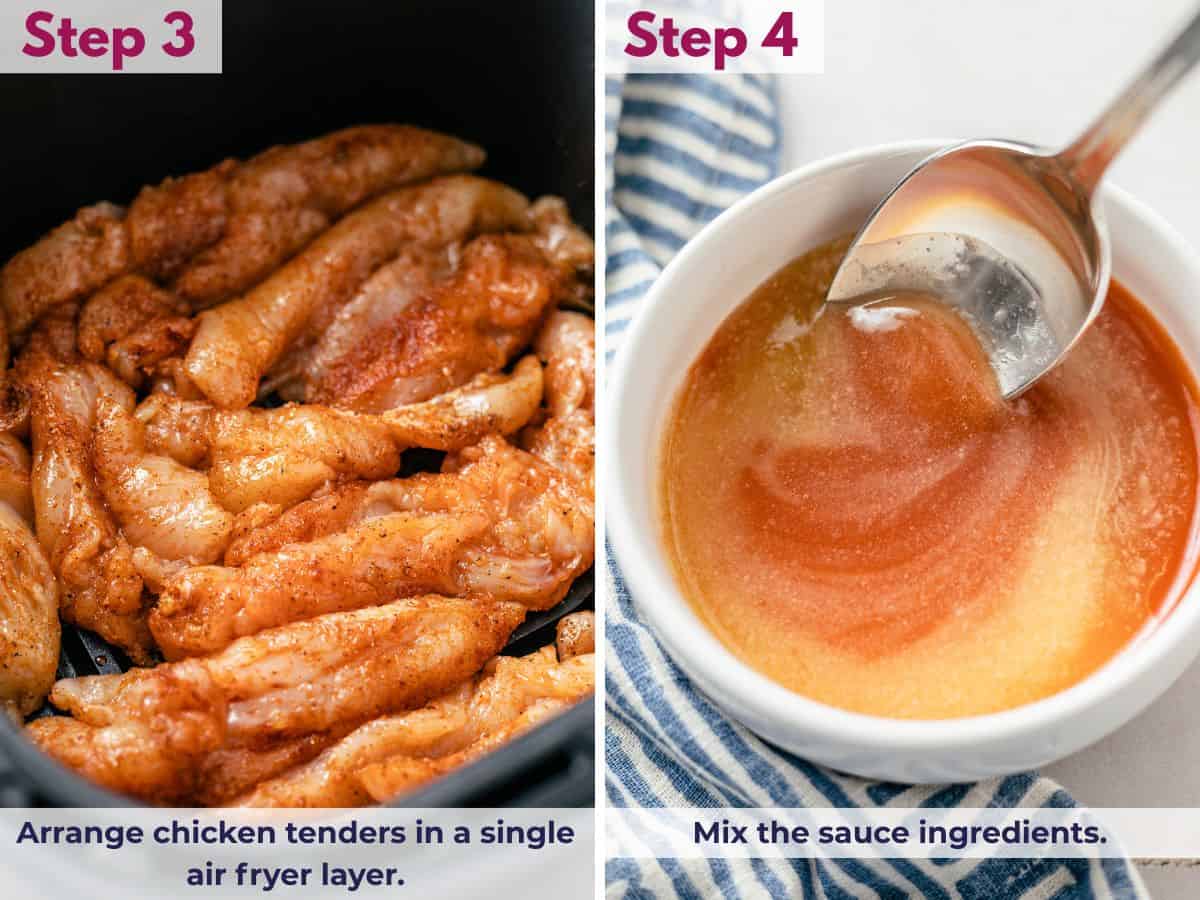 arranged chicken tenders in an air fryer; mixed sauce ingredients in a small bowl