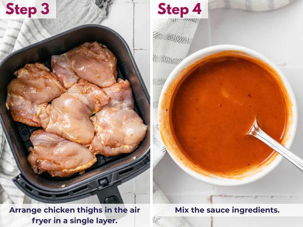 seasoned boneless and skinless chicken thighs in the air fryer; buffalo sauce in a bowl