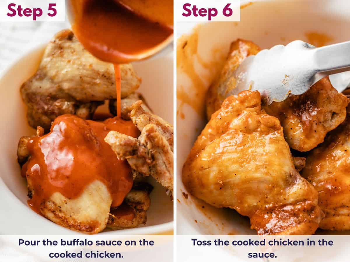 boneless skinless chicken thighs tossed with buffalo sauce in a bowl