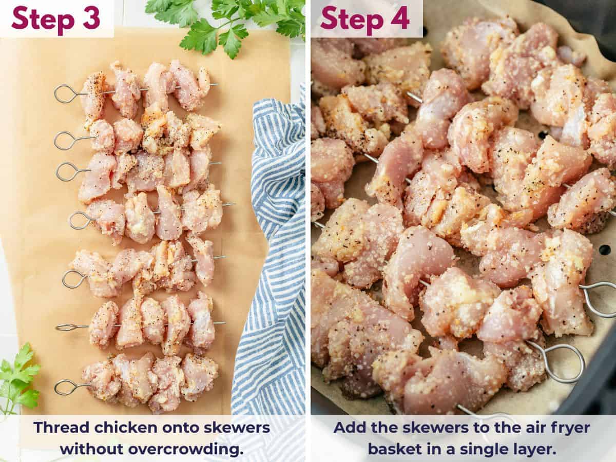 chicken threaded onto skewers and placed in the air fryer basket