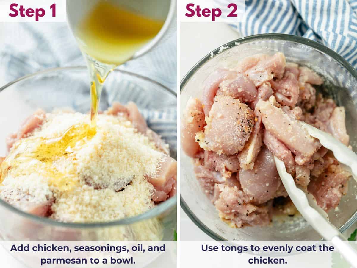 tossing chicken with seasonings, oil, and parmesan using tongs