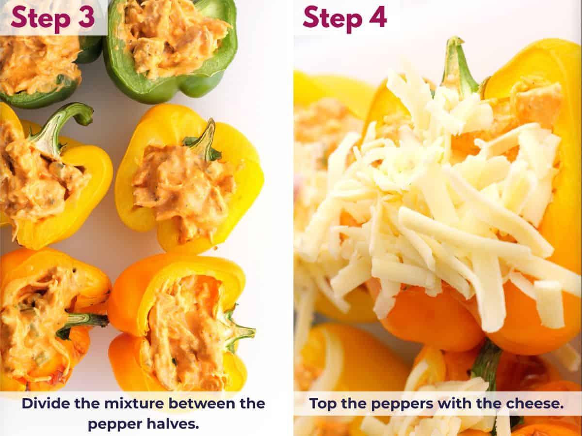pepper halves stuffed with buffalo chicken dip and topped with cheese