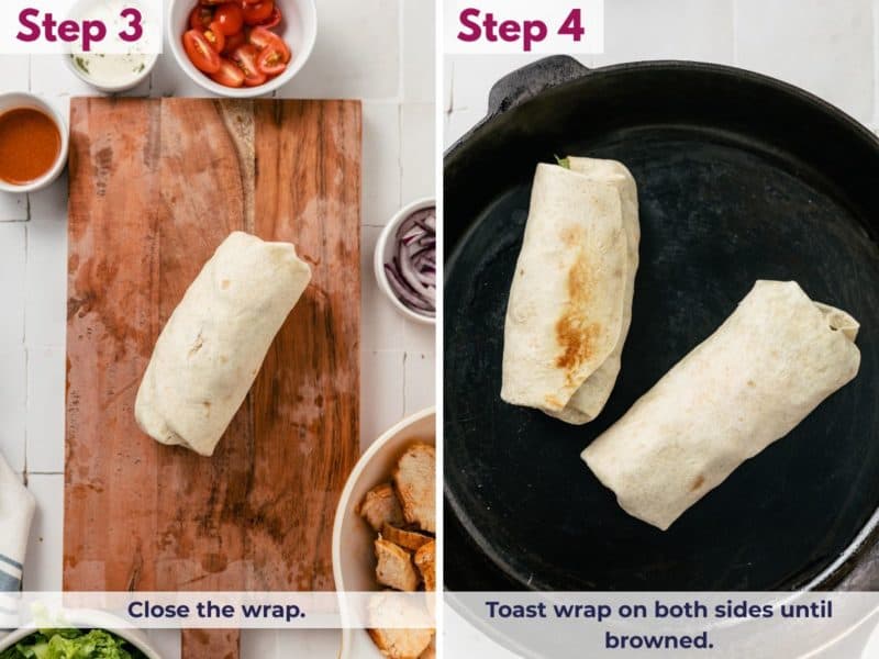 buffalo chicken wraps being prepared and cooked in a skillet