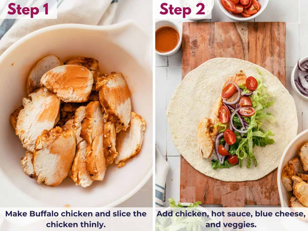 cooked chicken sliced and ready in a bowl; burrito wraps being assembled