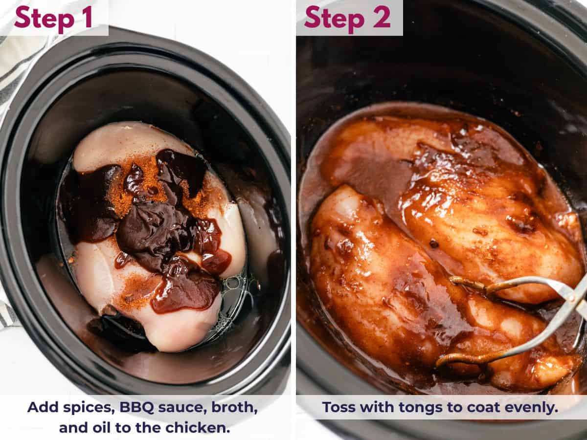 chicken coated with sauce in a crockpot