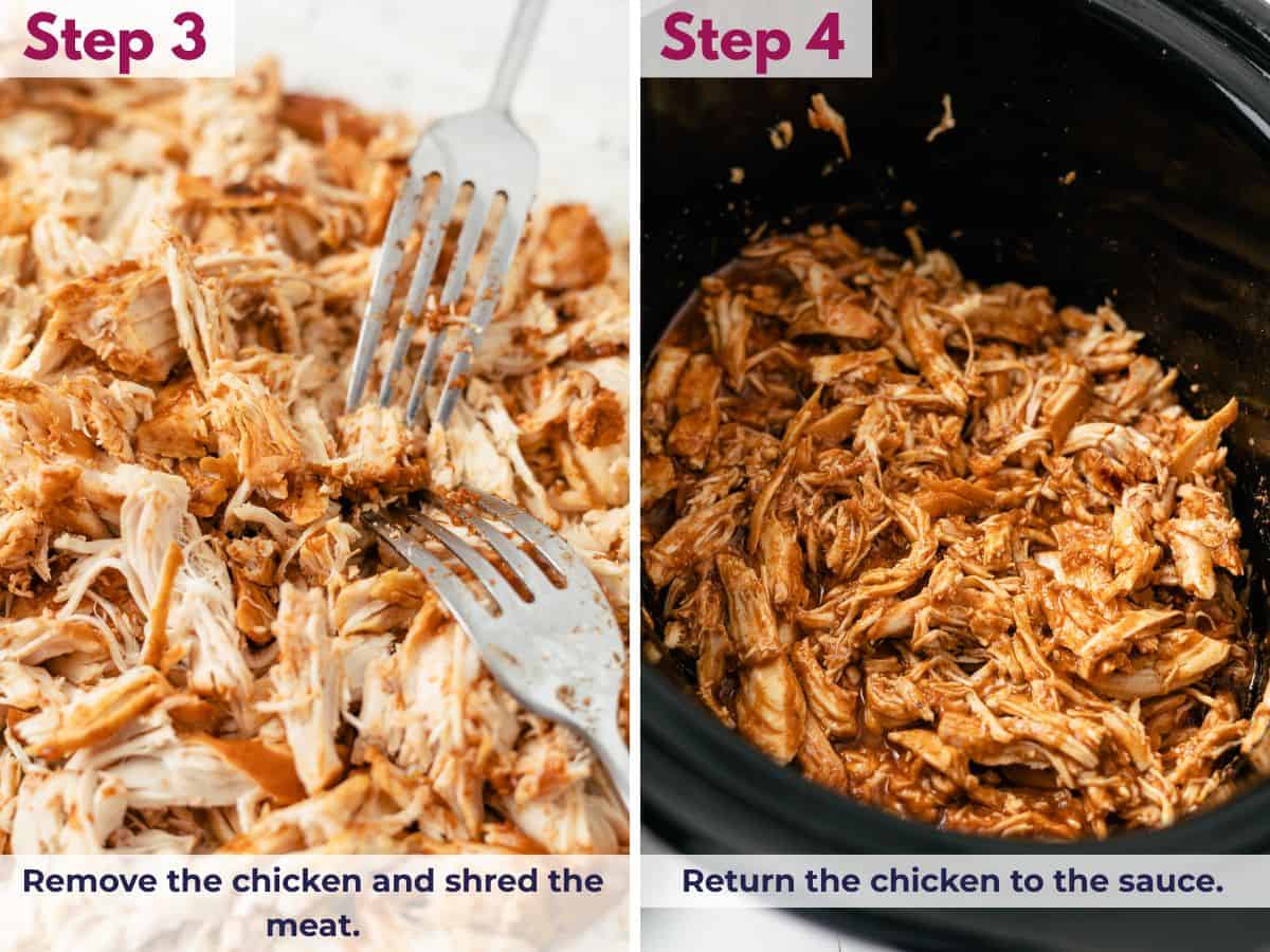 shredding chicken using two forks; tender shredded chicken mixed with sauce in the crockpot