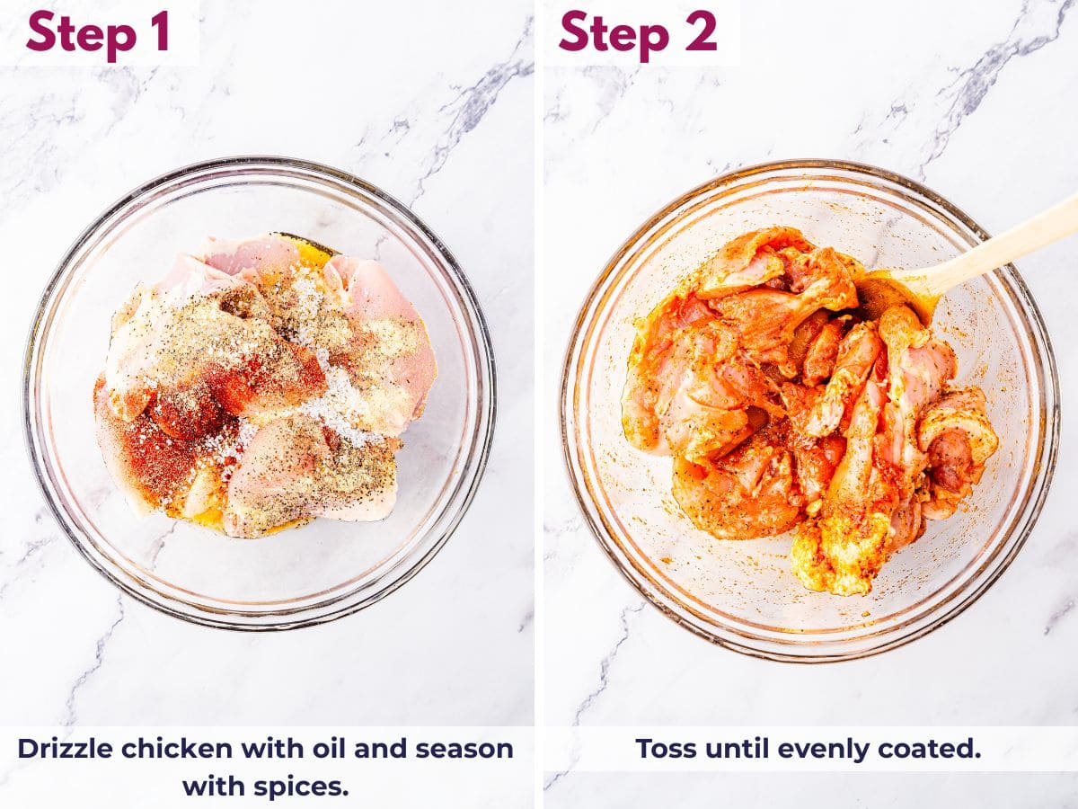 drizzle chicken with oil and spices in a bowl and toss until evenly coated.