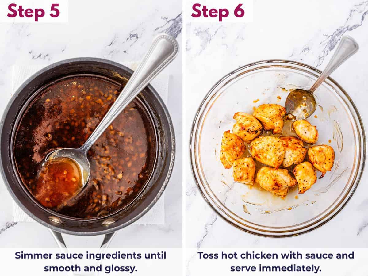 simmering sauce in a skillet; chicken being tossed in a bowl with sauce