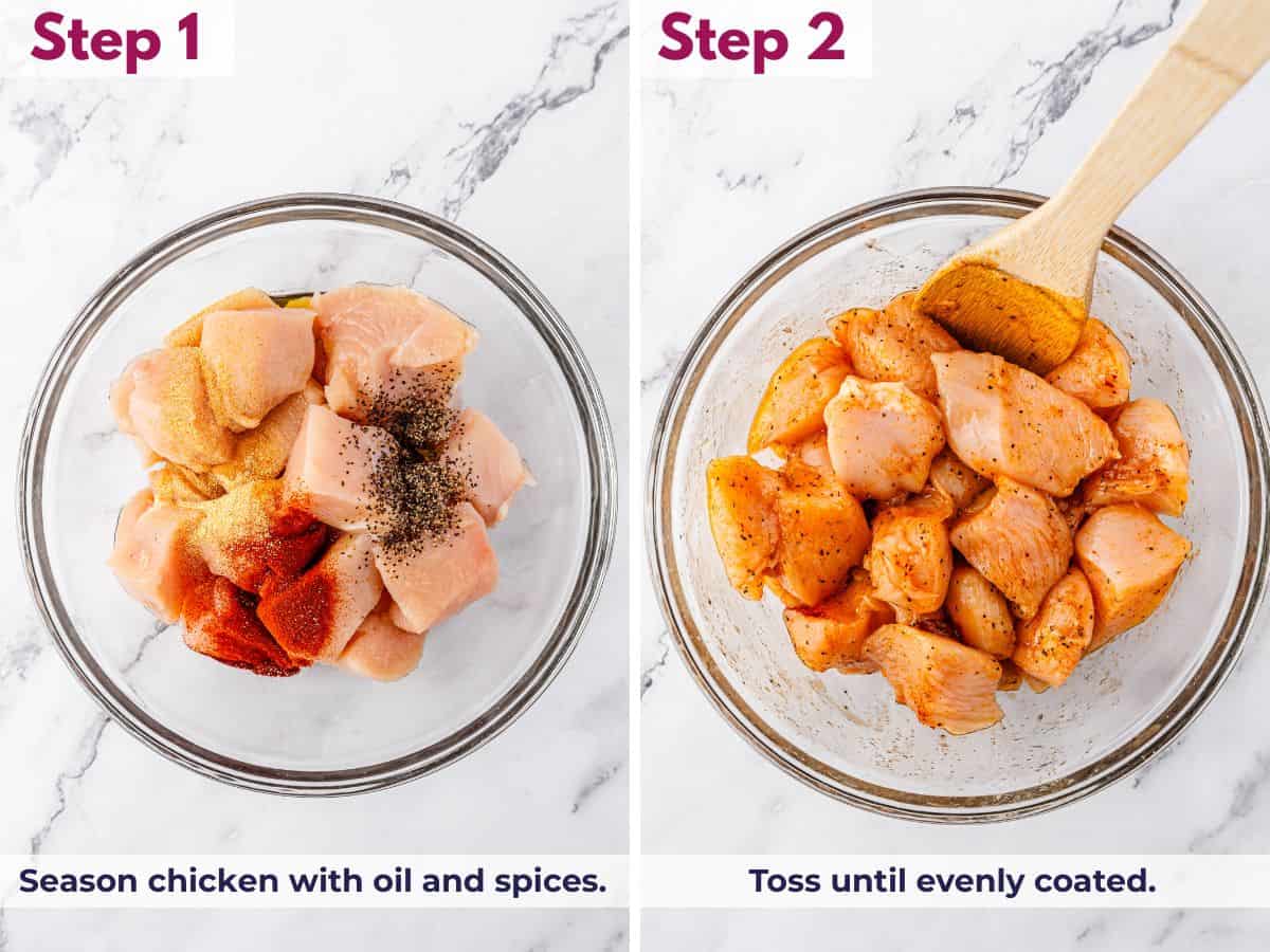 chicken being tossed with oil and spices in a bowl