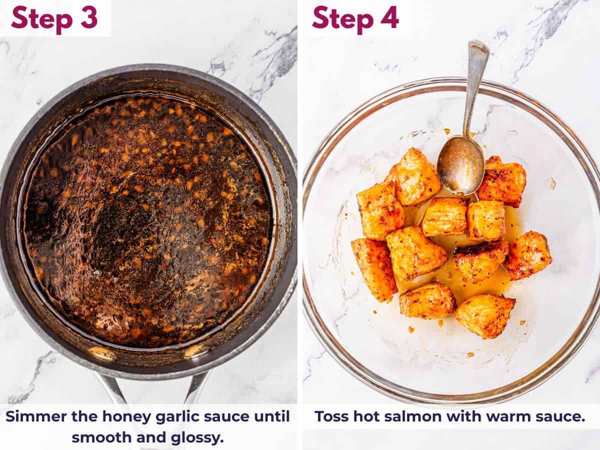 honey garlic sauce simmering in a pot; salmon tossed in warm honey garlic sauce