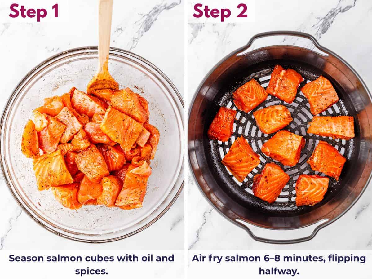 salmon cubes seasoned with oil and spices; air fried salmon cubes
