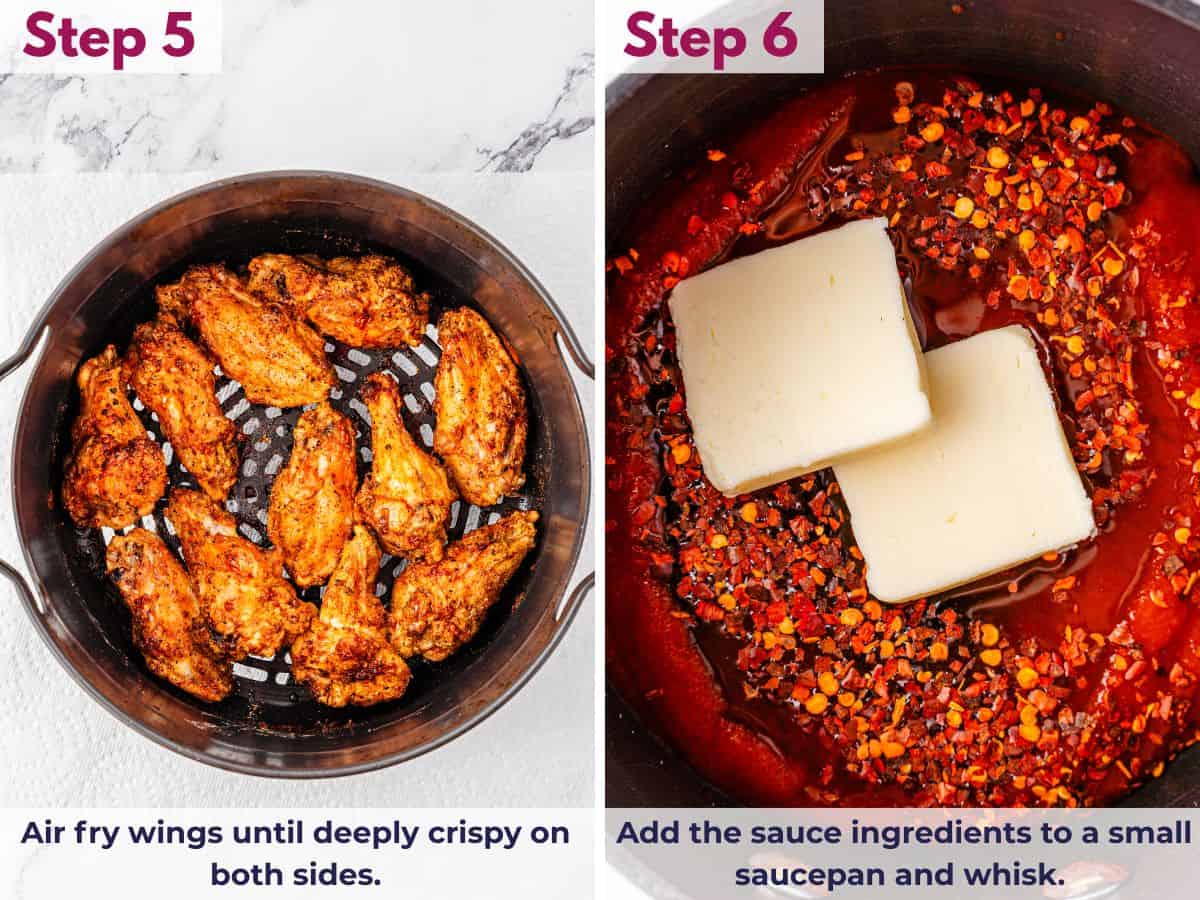 Crispy chicken wings in an air fryer basket; hot honey sauce ingredients added to a saucepan