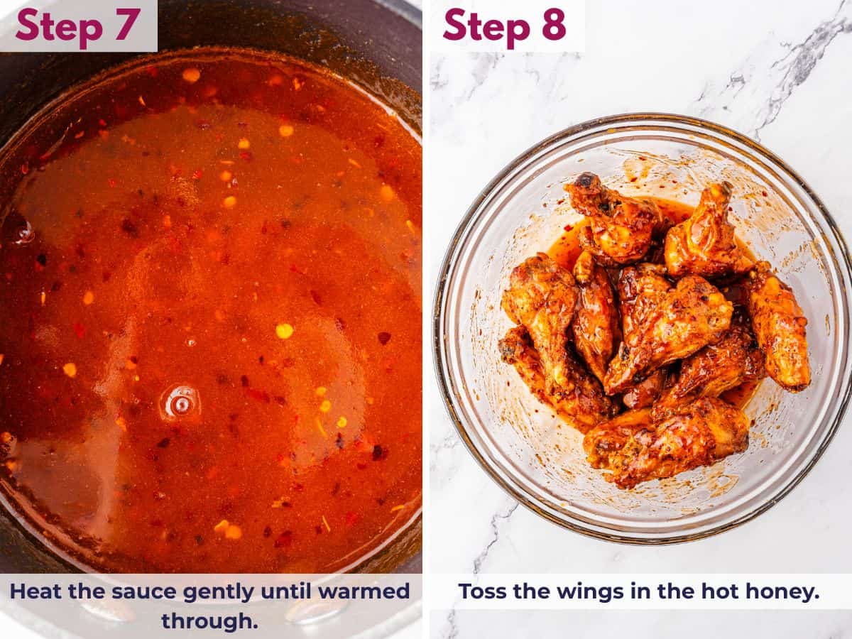 Hot honey sauce being gently heated in a pan and tossed with crispy chicken wings in a bowl