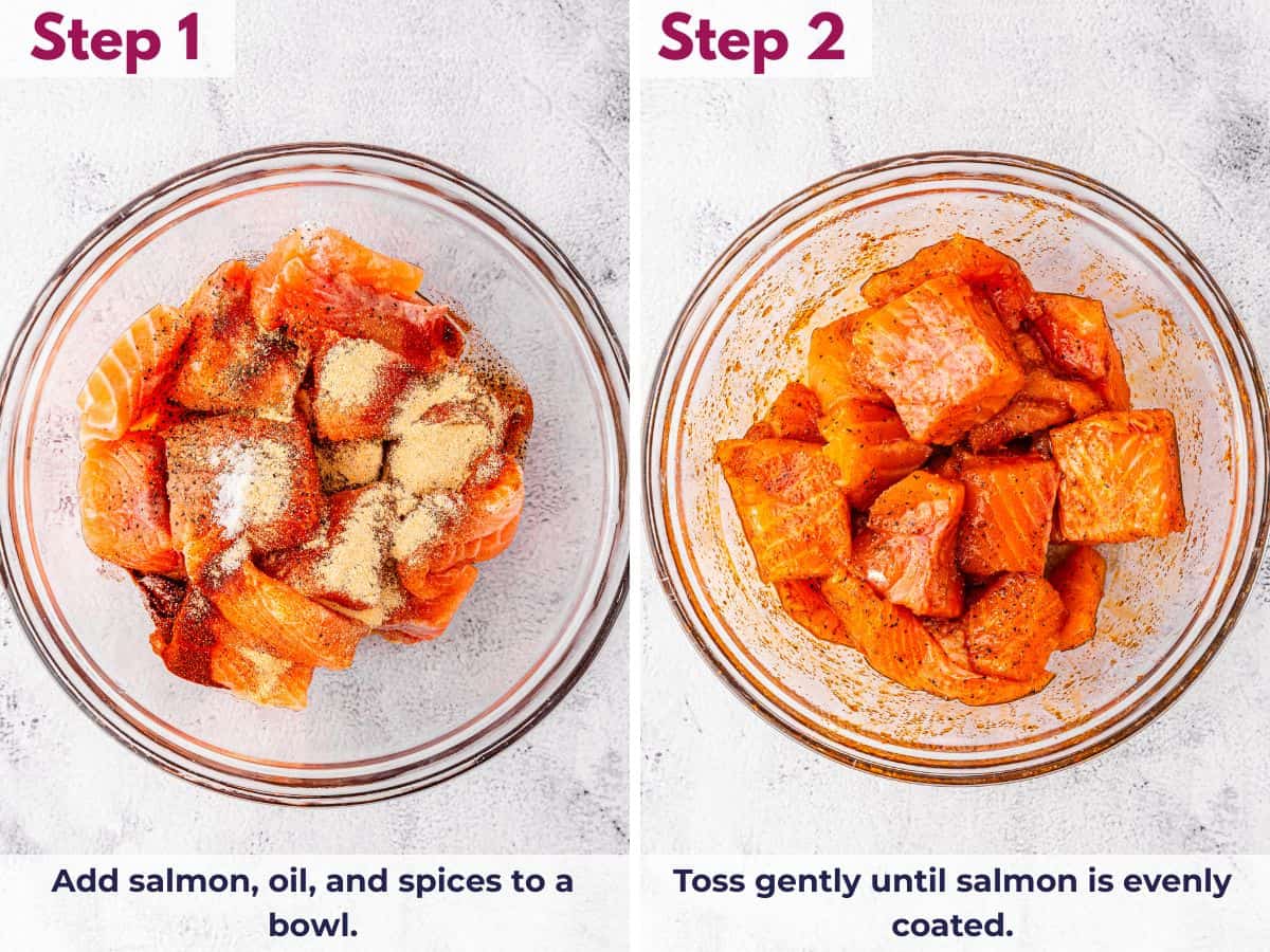 Salmon pieces being mixed with oil and spices in a bowl