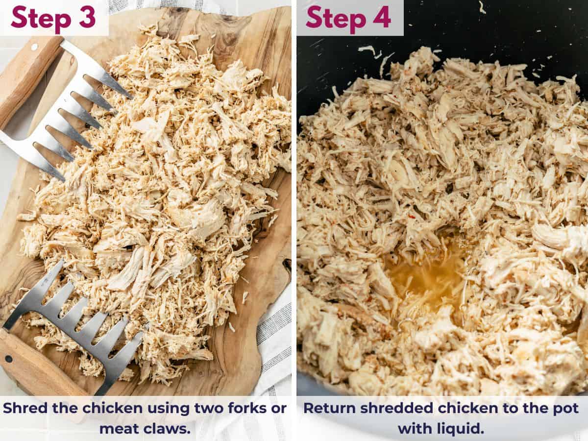 shredding chicken using two meat claws; shredded chicken in a pot with liquid