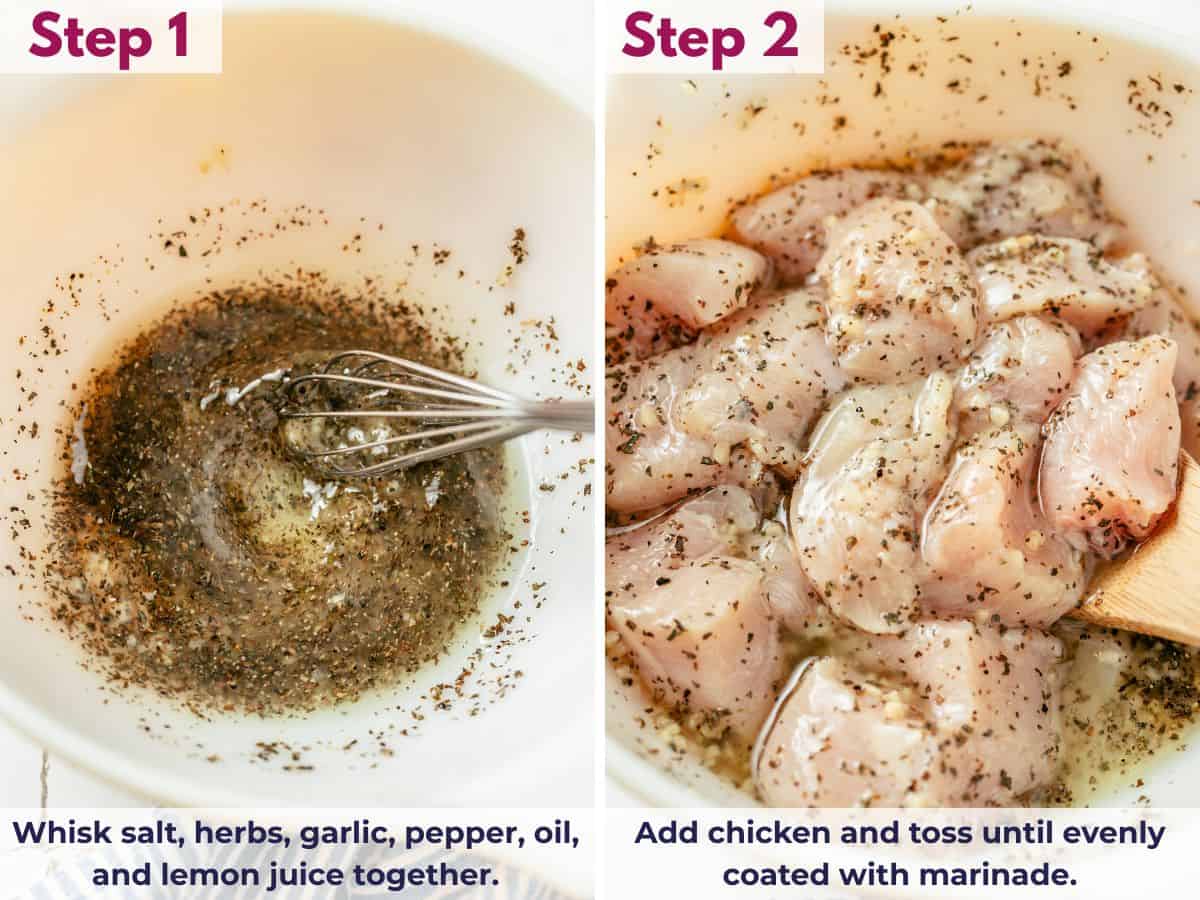 whisk salt, herbs, garlic, pepper, oil, and lemon juice together, then add the chicken and toss until evenly coated.