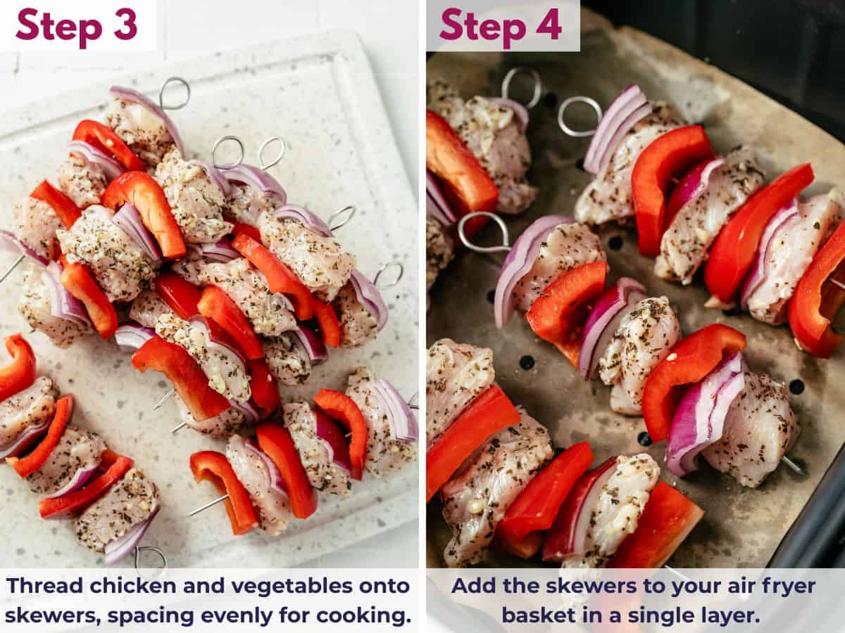 thread chicken and vegetables onto skewers, then place the skewers in the air fryer.