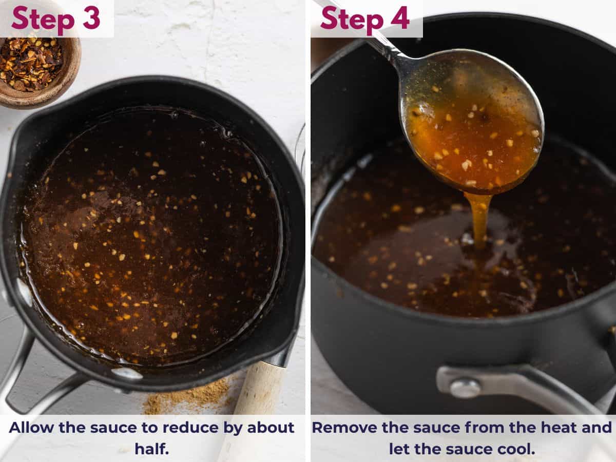 Sugar-free teriyaki sauce simmering in a saucepan to reduce by half, then cooling to thicken