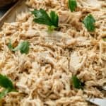 shredded chicken topped with fresh parsley on a serving platter