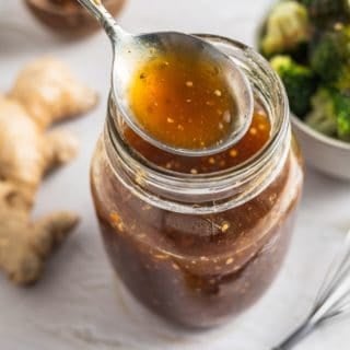 Finished sugar-free teriyaki sauce in a clear jar, ideal for marinades or dipping