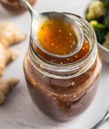 Finished sugar-free teriyaki sauce in a clear jar, ideal for marinades or dipping