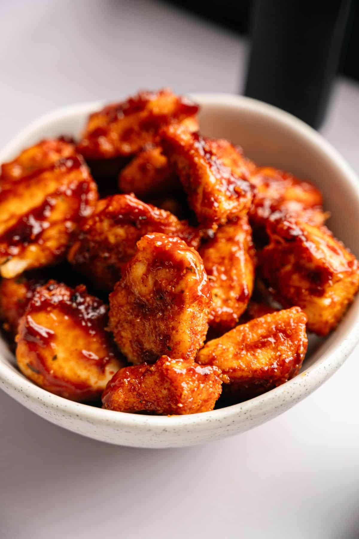 Easy air fryer BBQ chicken bites ready to serve in a bowl