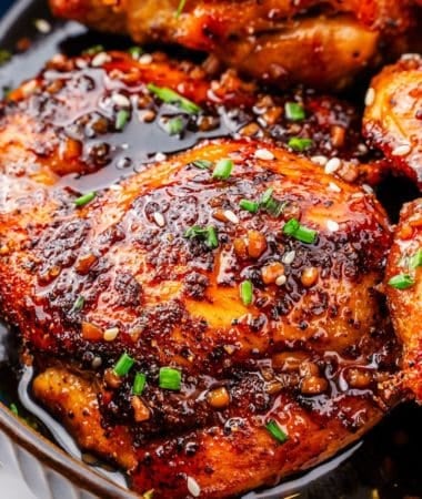 Air fryer teriyaki chicken thighs with crisp edges and juicy texture