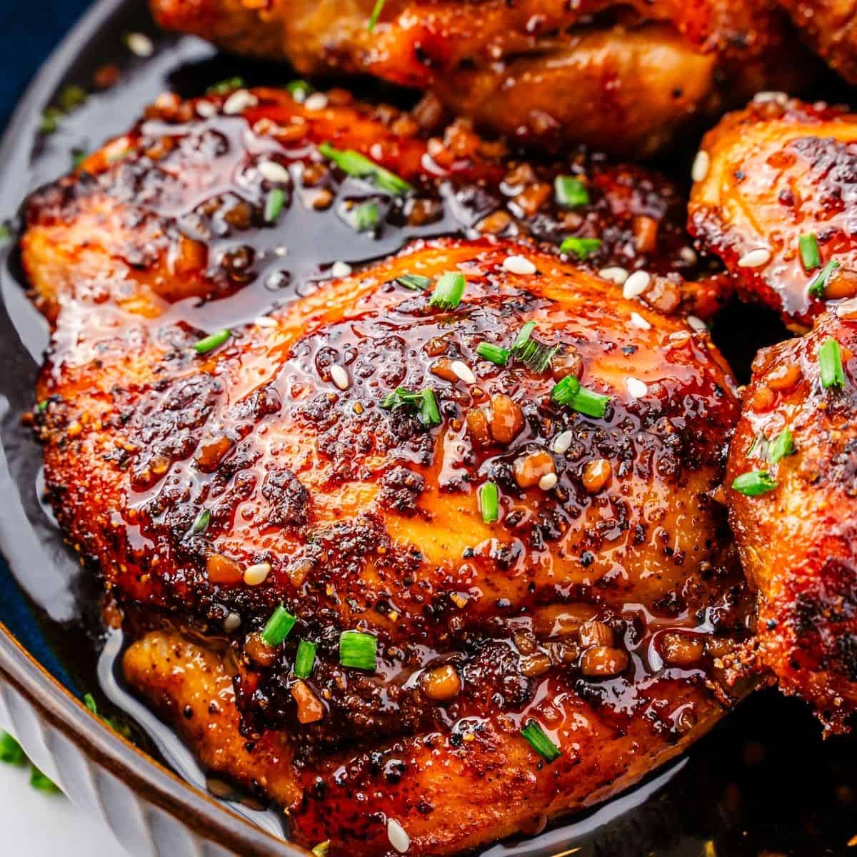 Air fryer teriyaki chicken thighs with crisp edges and juicy texture