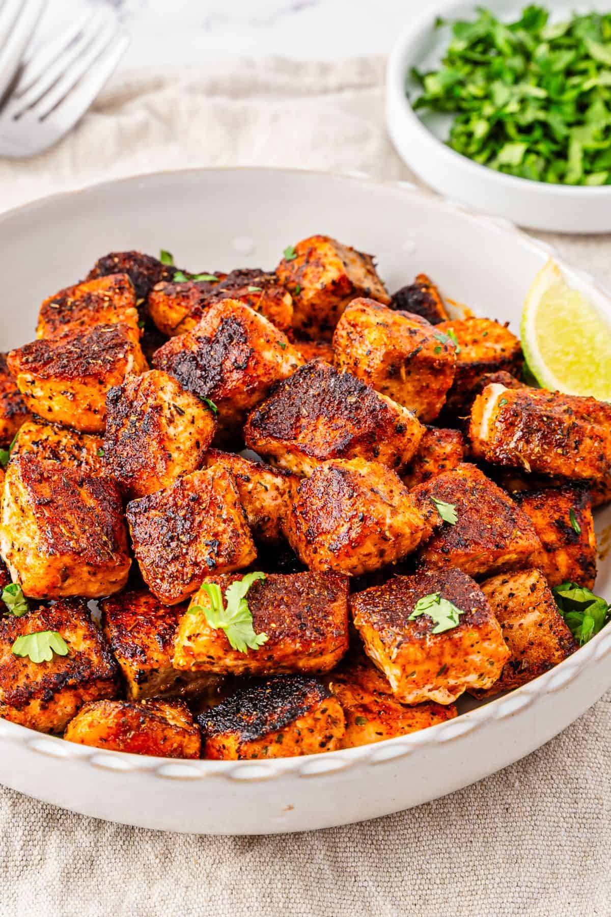 Crispy seared salmon bites with smoky spice blend