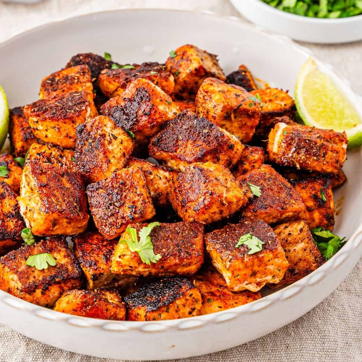 Juicy blackened salmon cubes with bold smoky flavor