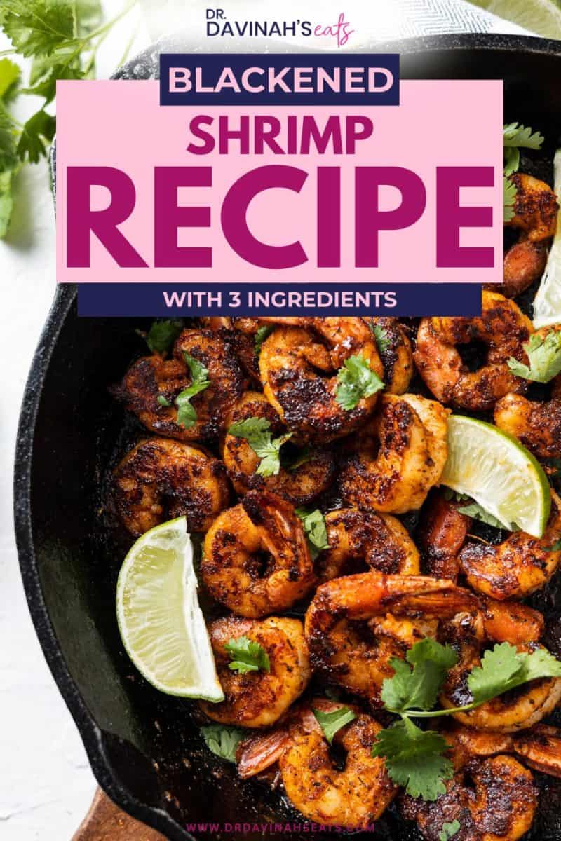 Fully cooked blackened shrimp with lemon slices and parsley in a skillet