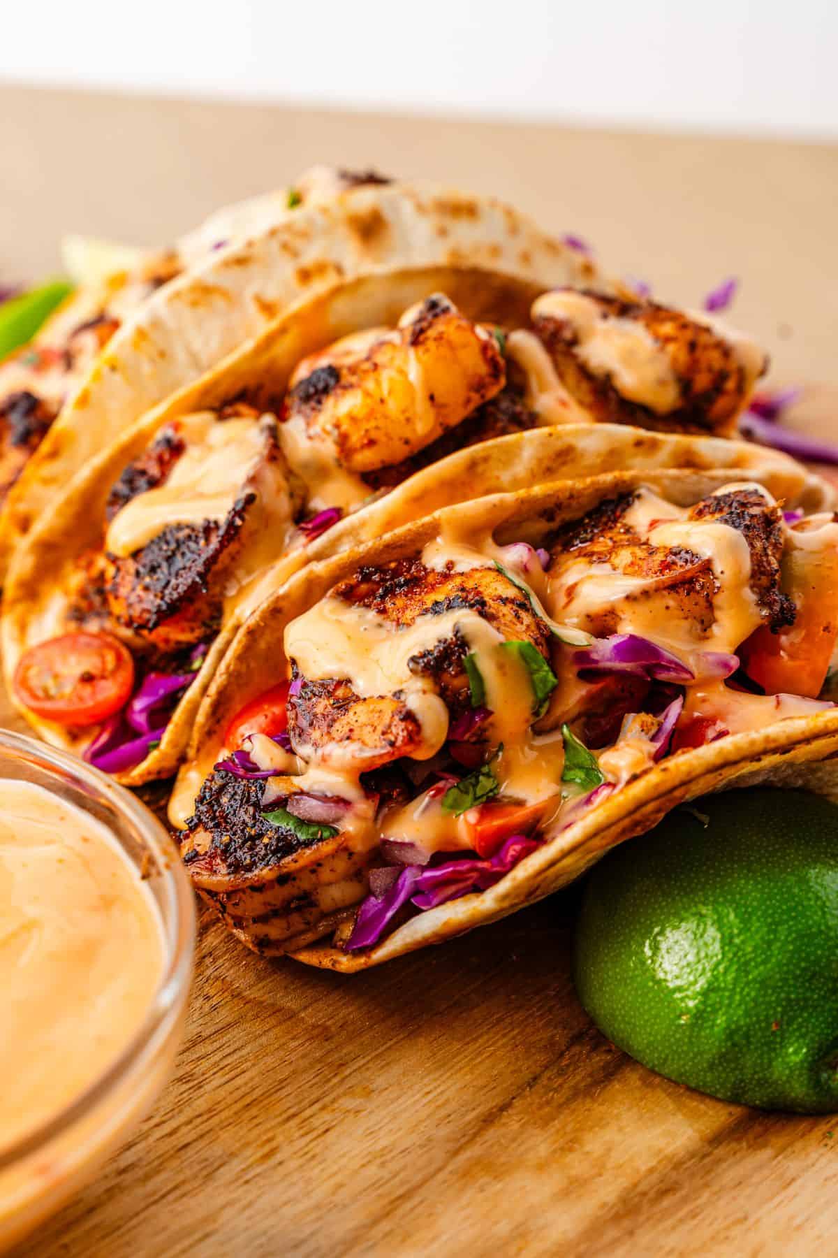 Homemade blackened shrimp tacos with bold seasoning and fresh toppings