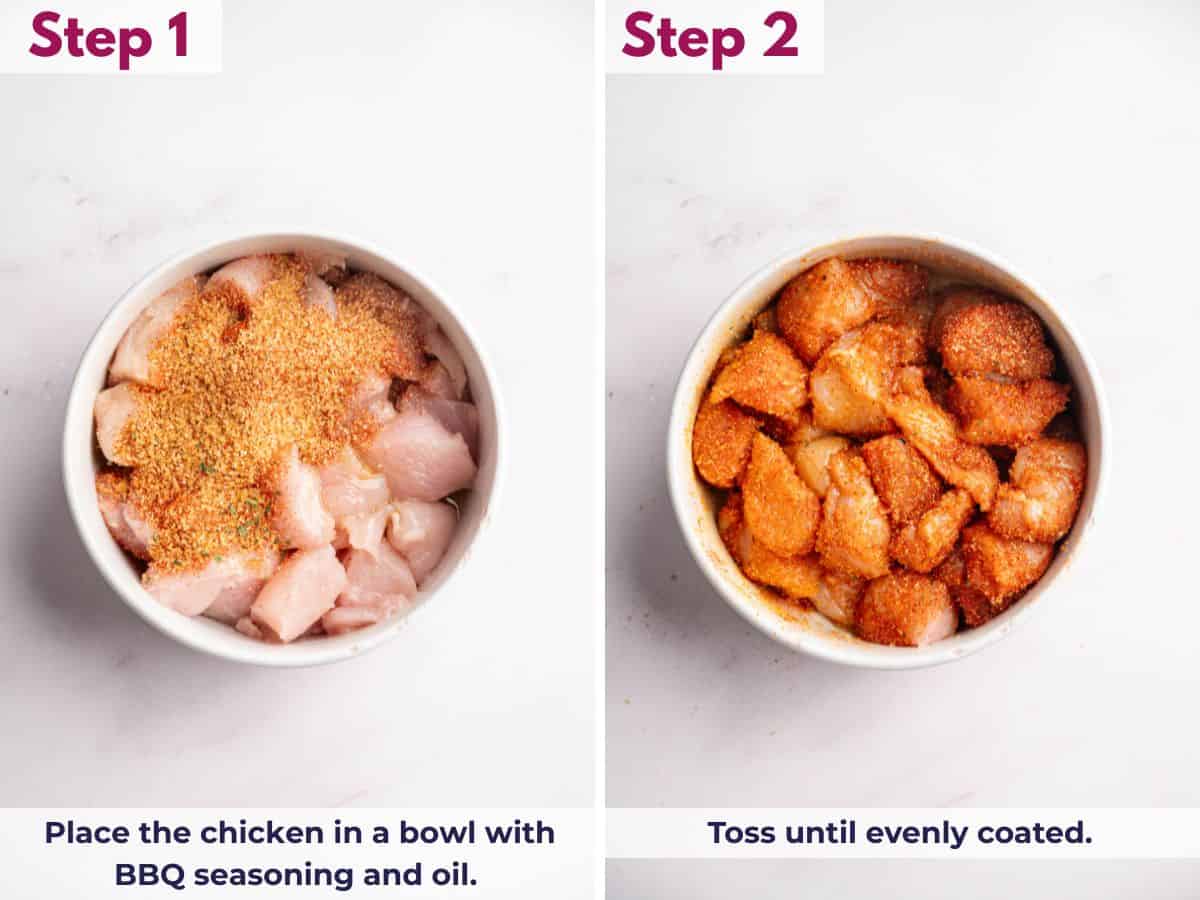 Chicken pieces in a bowl coated with BBQ seasoning and oil, gently tossed