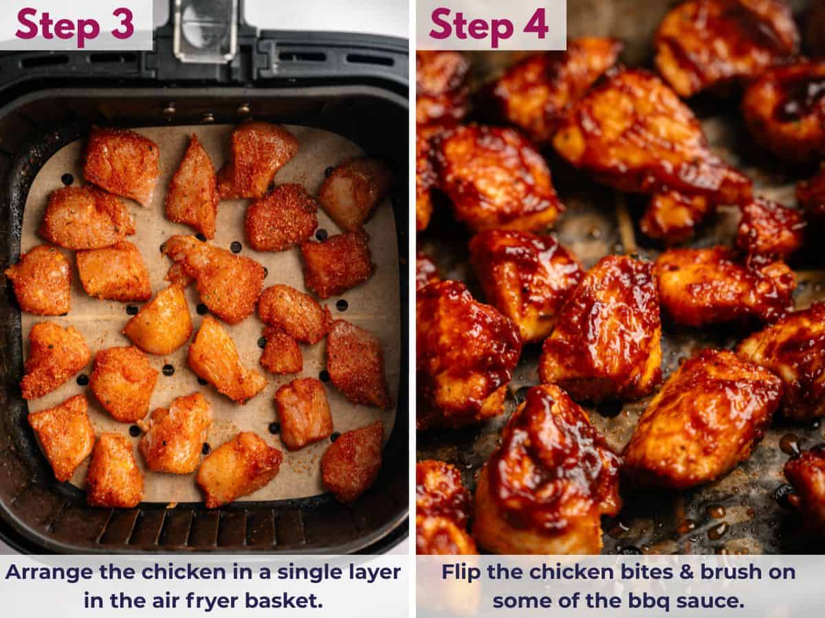 Chicken bites arranged in a single layer in the air fryer, then flipped and brushed with BBQ sauce