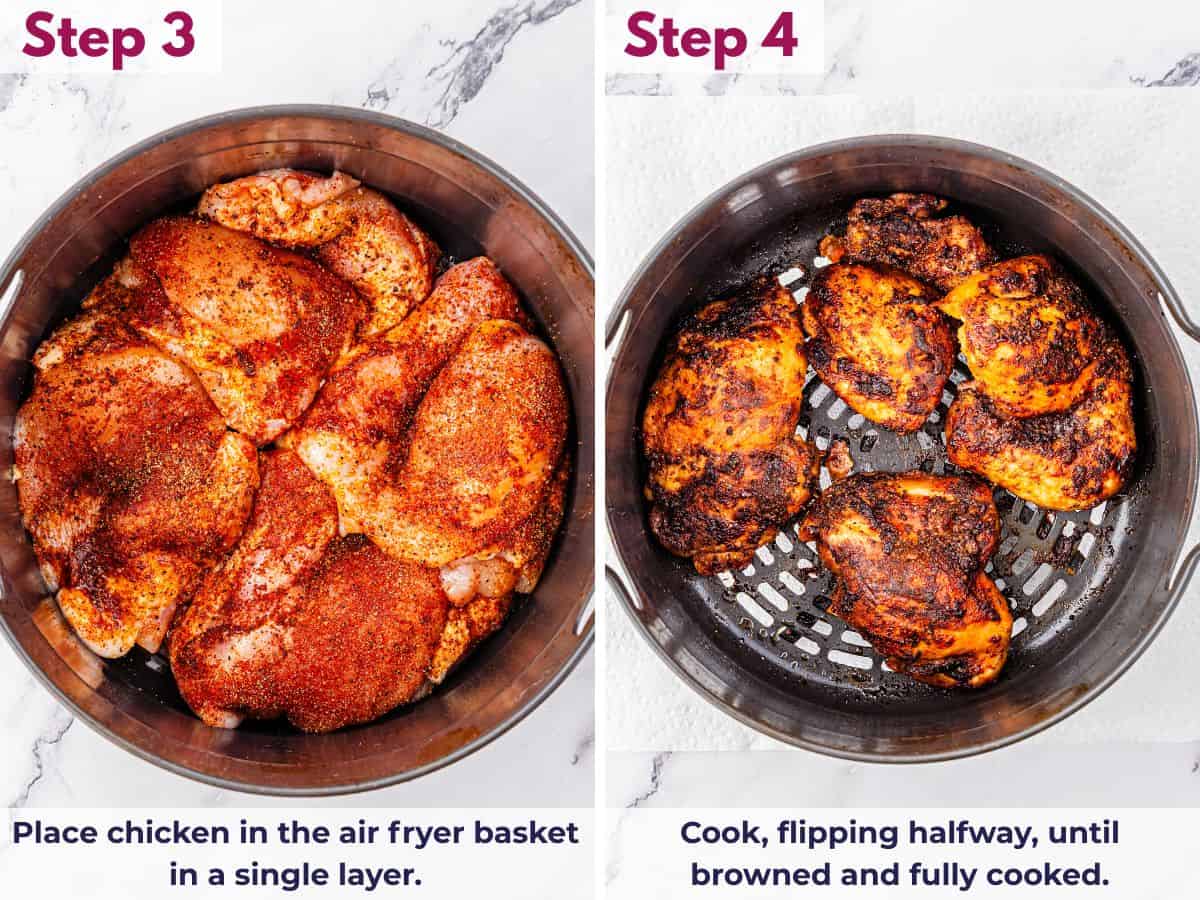 Seasoned chicken thighs arranged in a single layer in the air fryer basket, cooking until browned