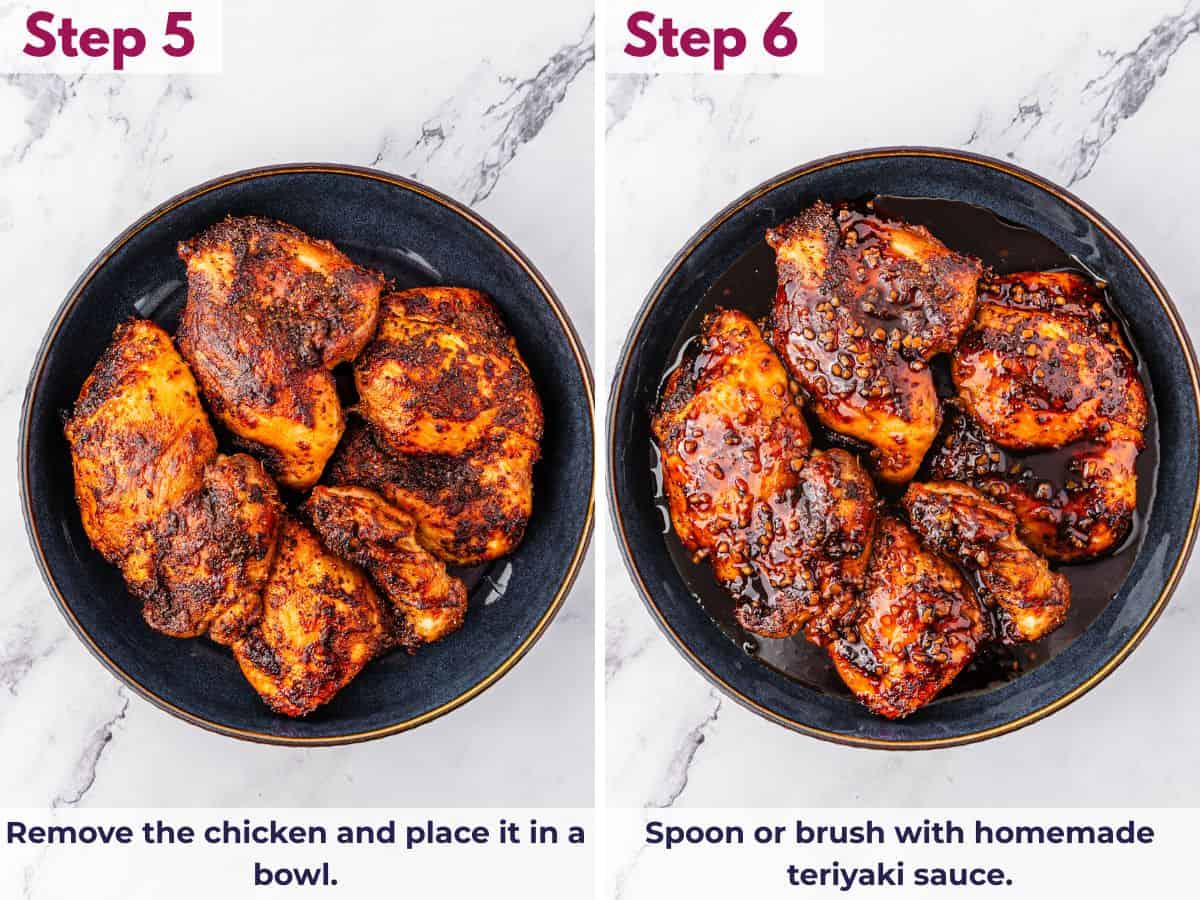 Cooked air fryer chicken thighs transferred to a bowl and brushed with homemade teriyaki sauce