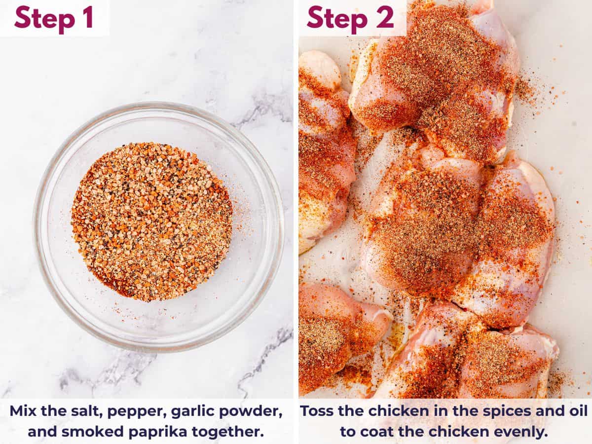 Mixed spices in a bowl, then chicken thighs tossed with oil and seasoning