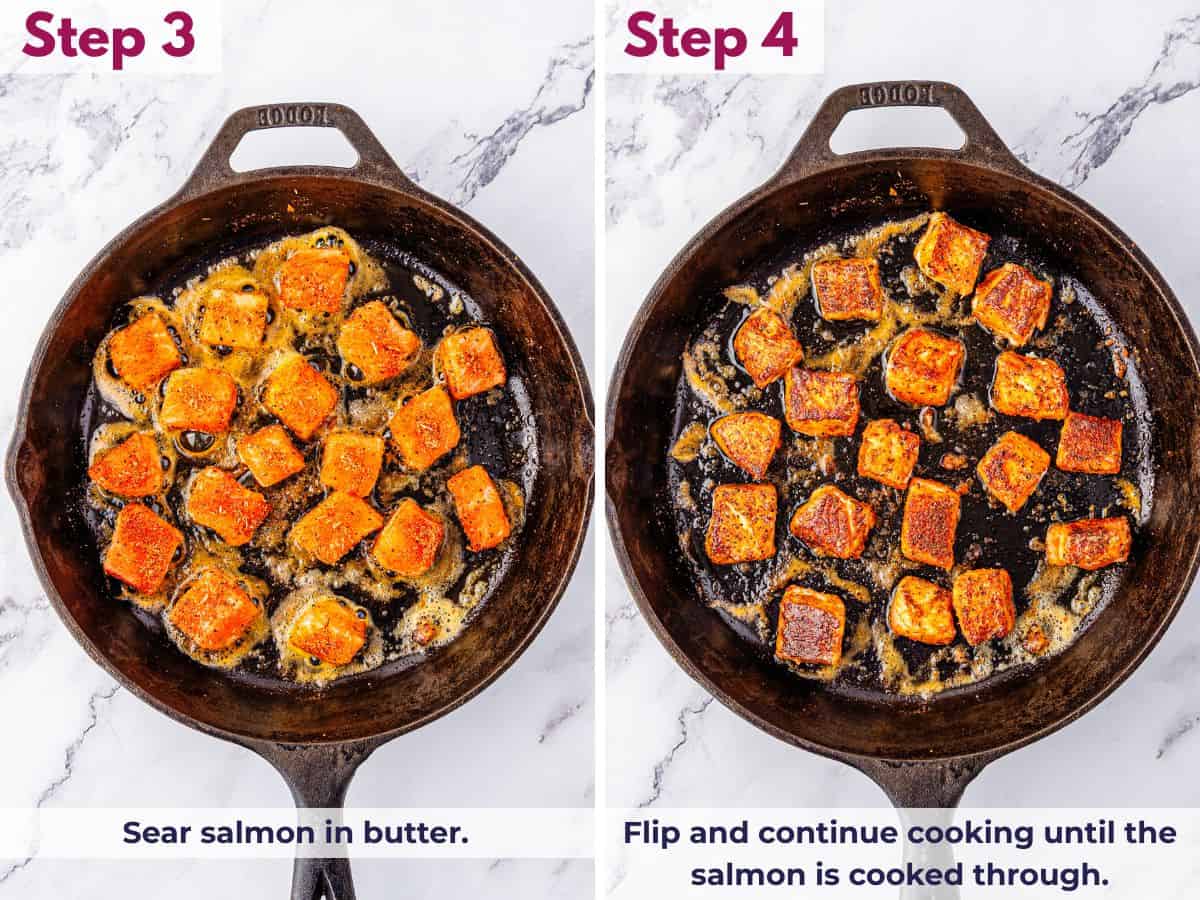 Salmon bites searing in butter in a hot skillet; Salmon bites flipped and cooked until tender and fully done