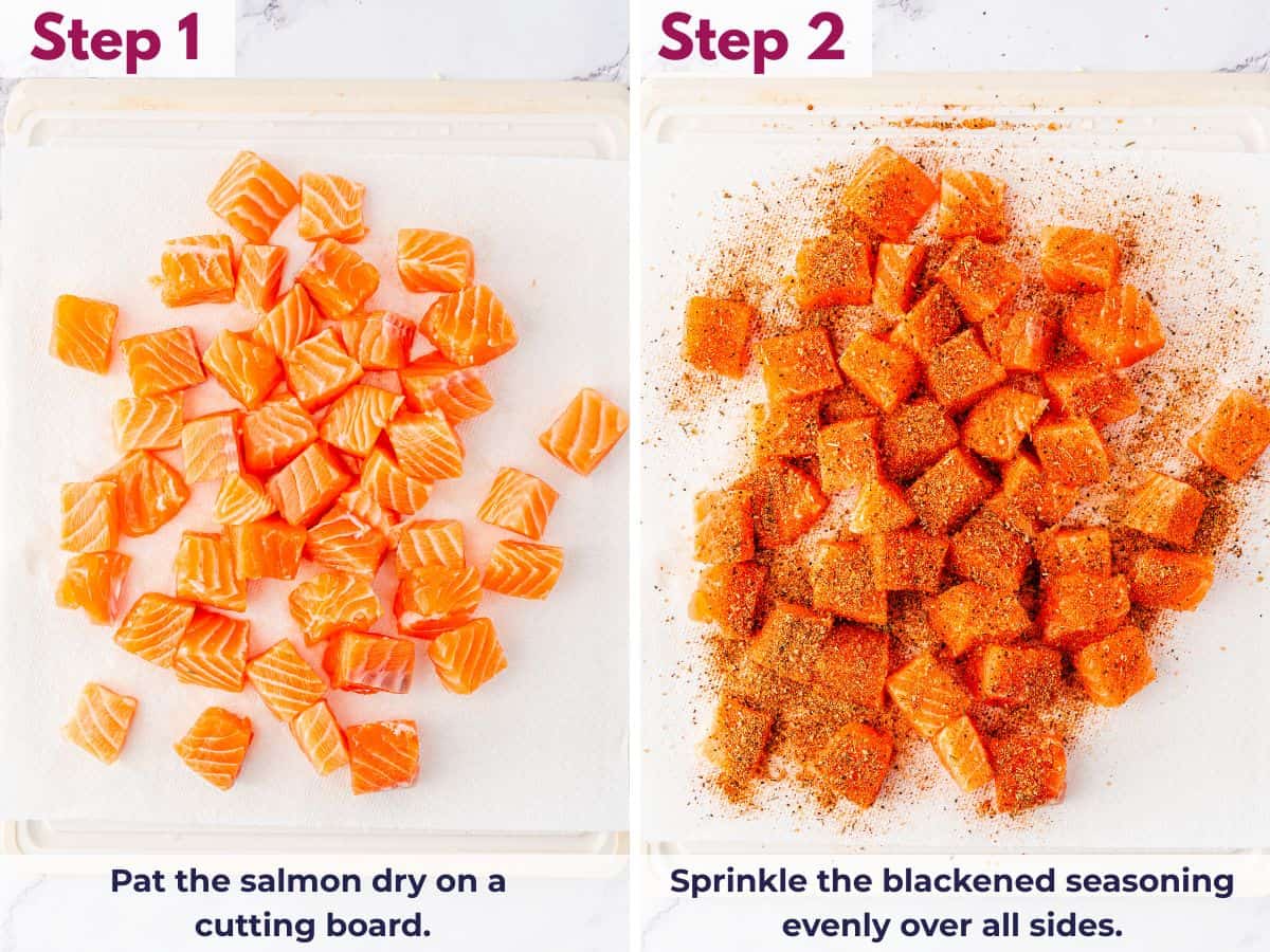 Salmon pieces patted dry on a cutting board and evenly coated with blackened seasoning on all sides