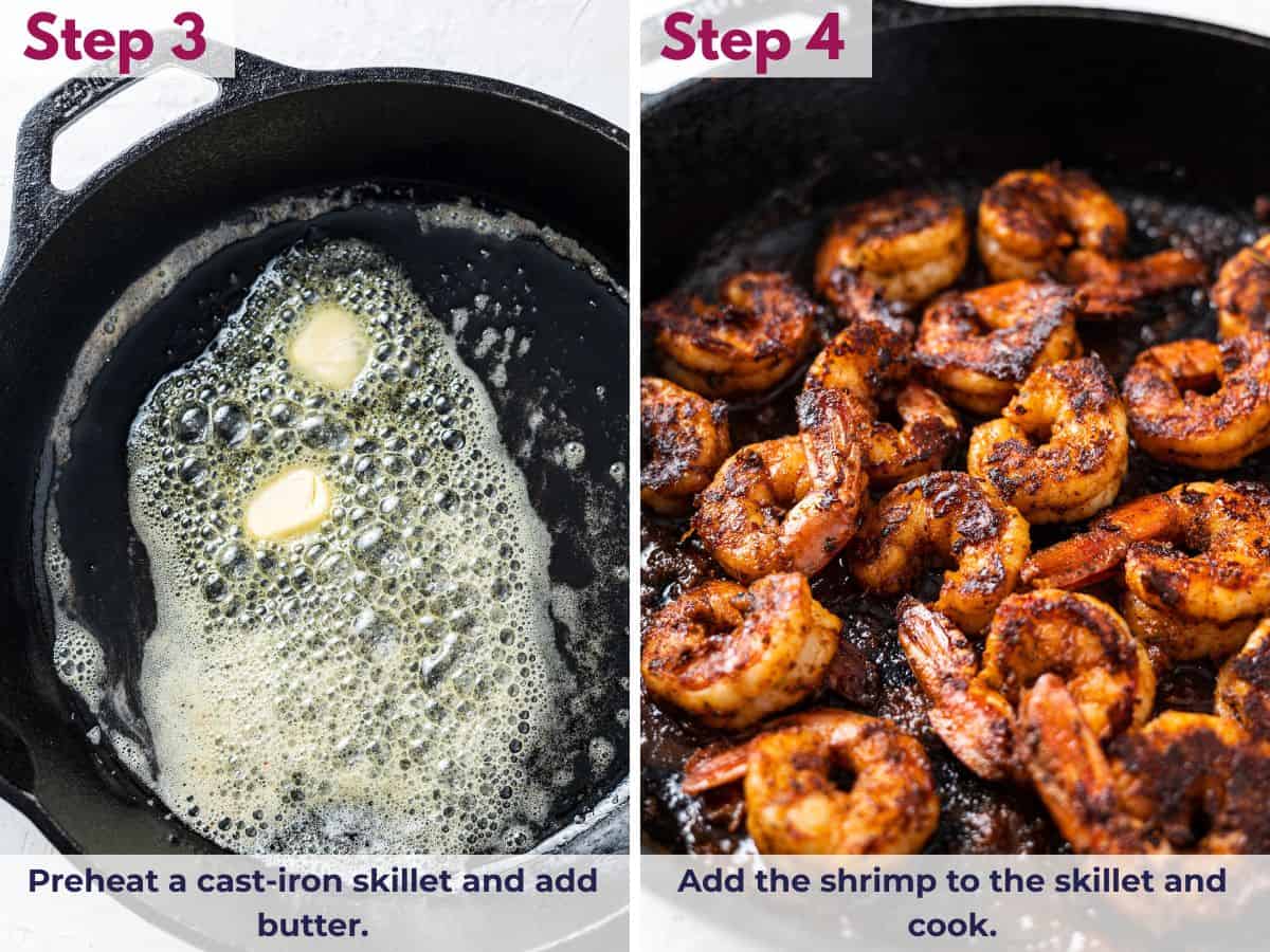 Butter melting in a hot skillet as seasoned shrimp are added to cook