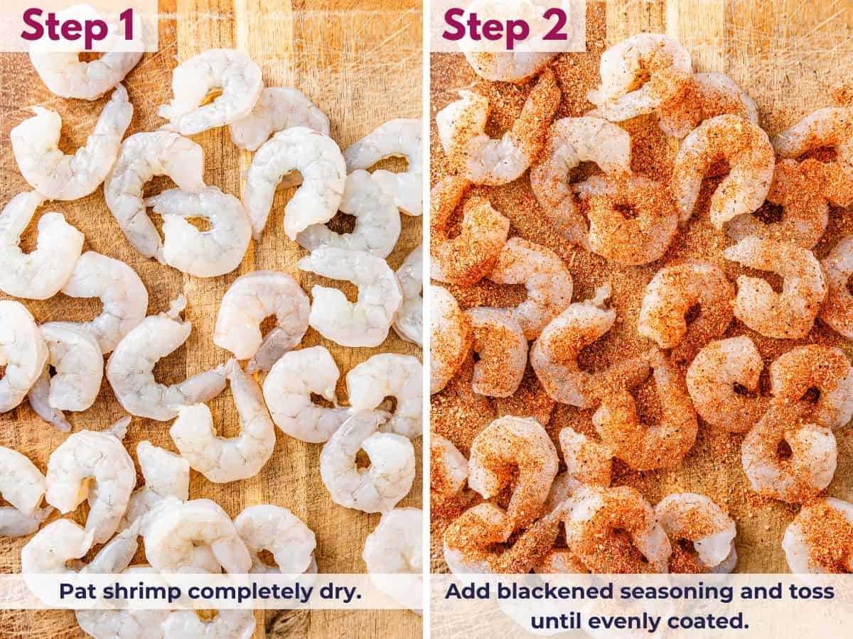 Shrimp patted dry in a bowl and tossed with blackened seasoning until evenly coated