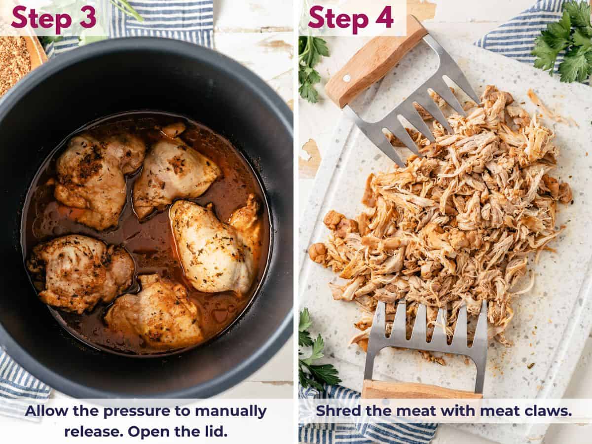 Chicken cooking in the Instant Pot, then shredded using meat claws