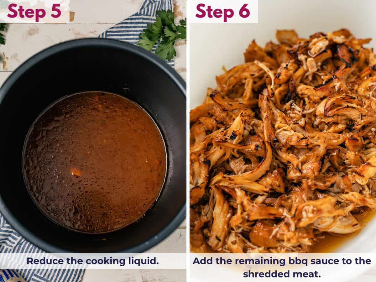 Instant Pot with reduced cooking liquid, shredded chicken tossed with remaining BBQ sauce