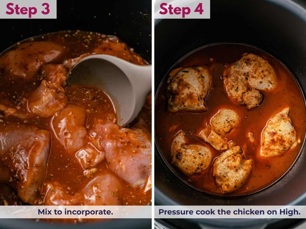 Chicken tossed with buffalo sauce in the Instant Pot, ready to be pressure cooked on High