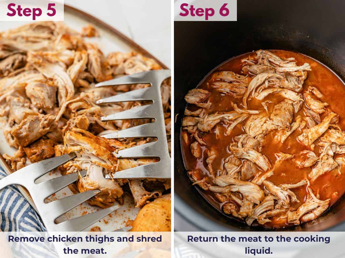 Shredded chicken thighs using meat claws, returned to the Instant Pot with cooking liquid