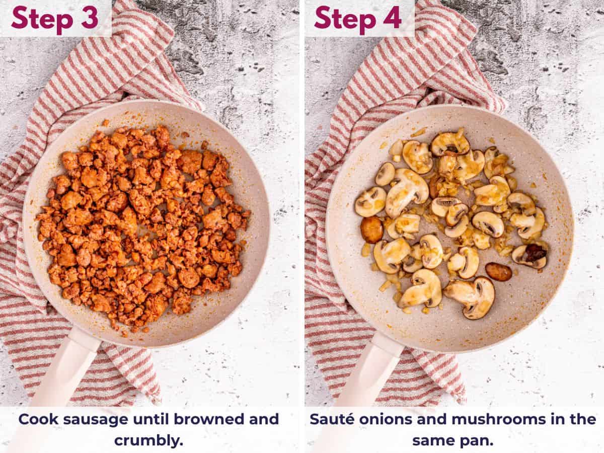 Italian sausage browned and crumbly in a skillet, with onions and mushrooms sautéing in the same pan