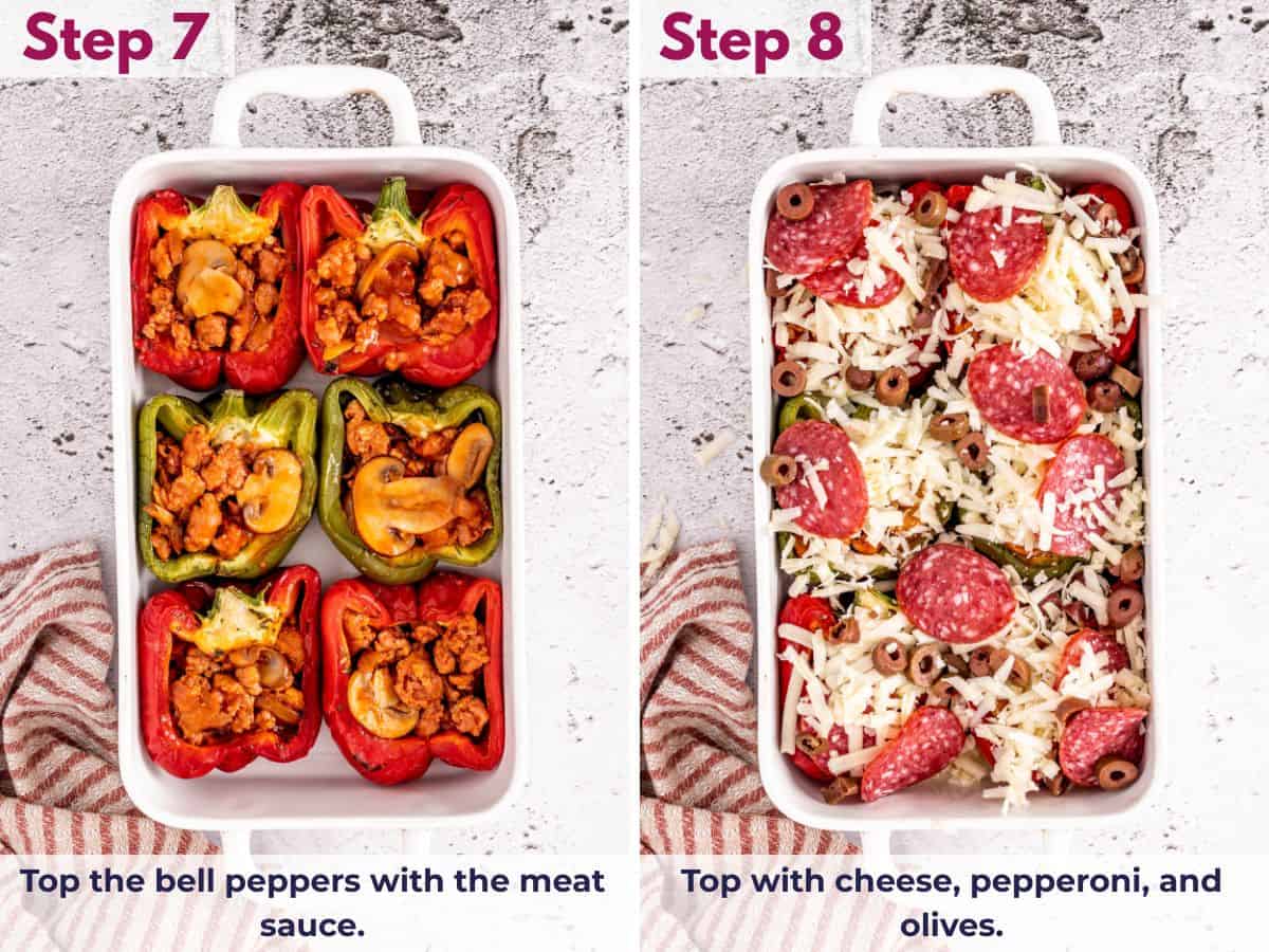 Bell pepper halves filled with meat sauce, topped with melted cheese, pepperoni, and olives