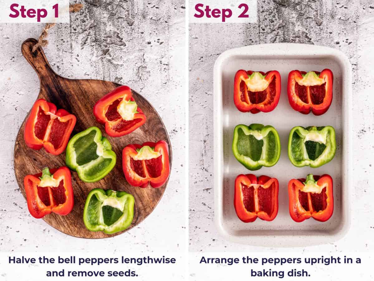 Bell peppers halved lengthwise and arranged upright in a baking dish